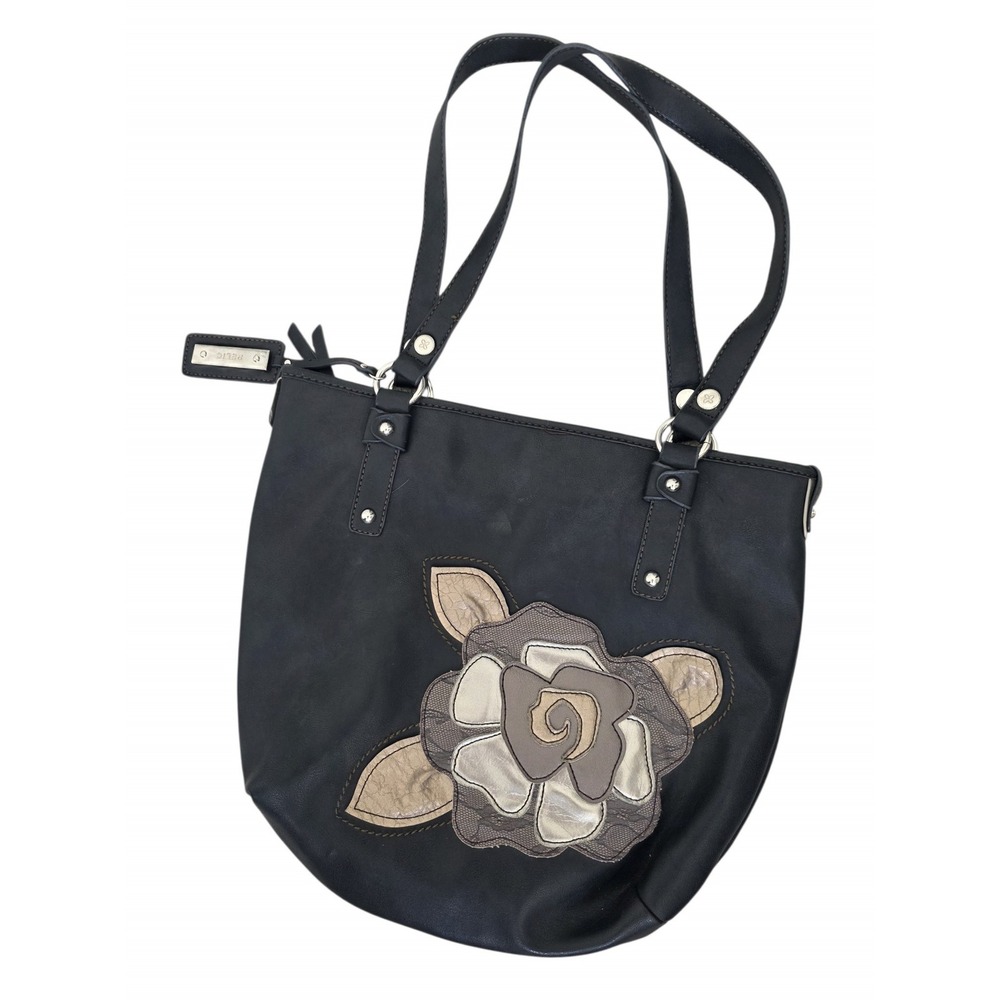 Relic Black Faux Leather Floral Applique Shoulder Bag and Wallet Set Y2K Boho